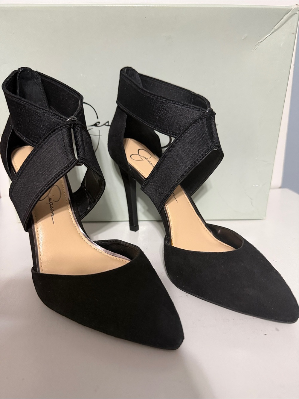 Jessica Simpson Black Pointed-Toe Crisscross Ankle Strap Heels